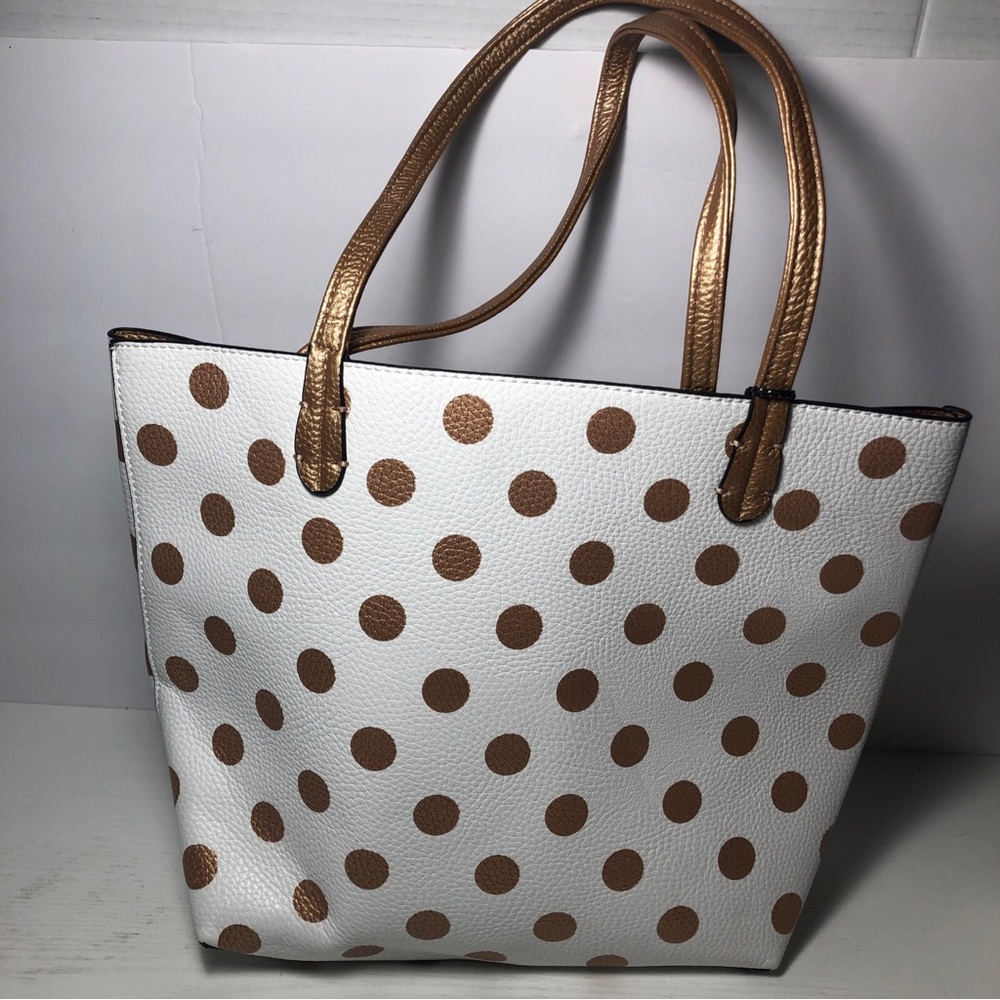 NWT Imoshion USA Vegan Leather Tote Bag Polka dot White /Gold Reversible - Picture 3 of 8